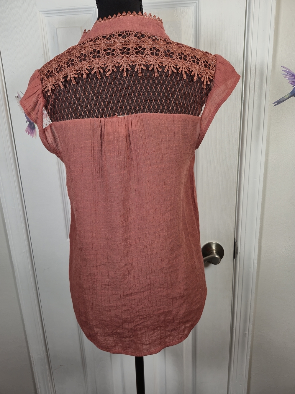 Sweet Wanderer Rose Clay Boho Crochet Lace Mesh Yoke Gauze Blouse Size M - Picture 5 of 6